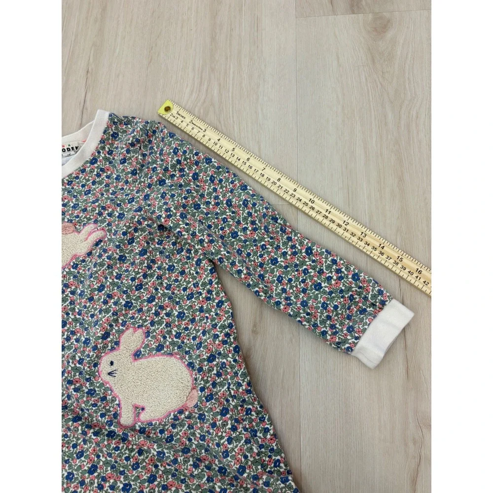 Mini Boden Jersey Dress Kids 7-8Y Multi Floral Bunny Applique Long Sleeve Spring